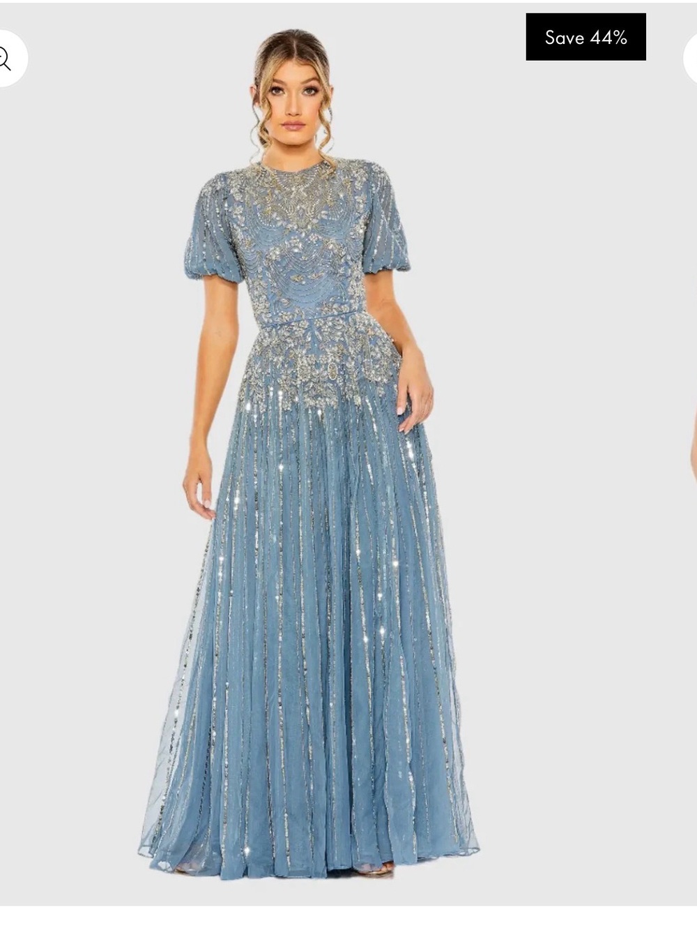 Mac Duggal Dusty Blue Embellished Puff-Sleeve Maxi Gown
